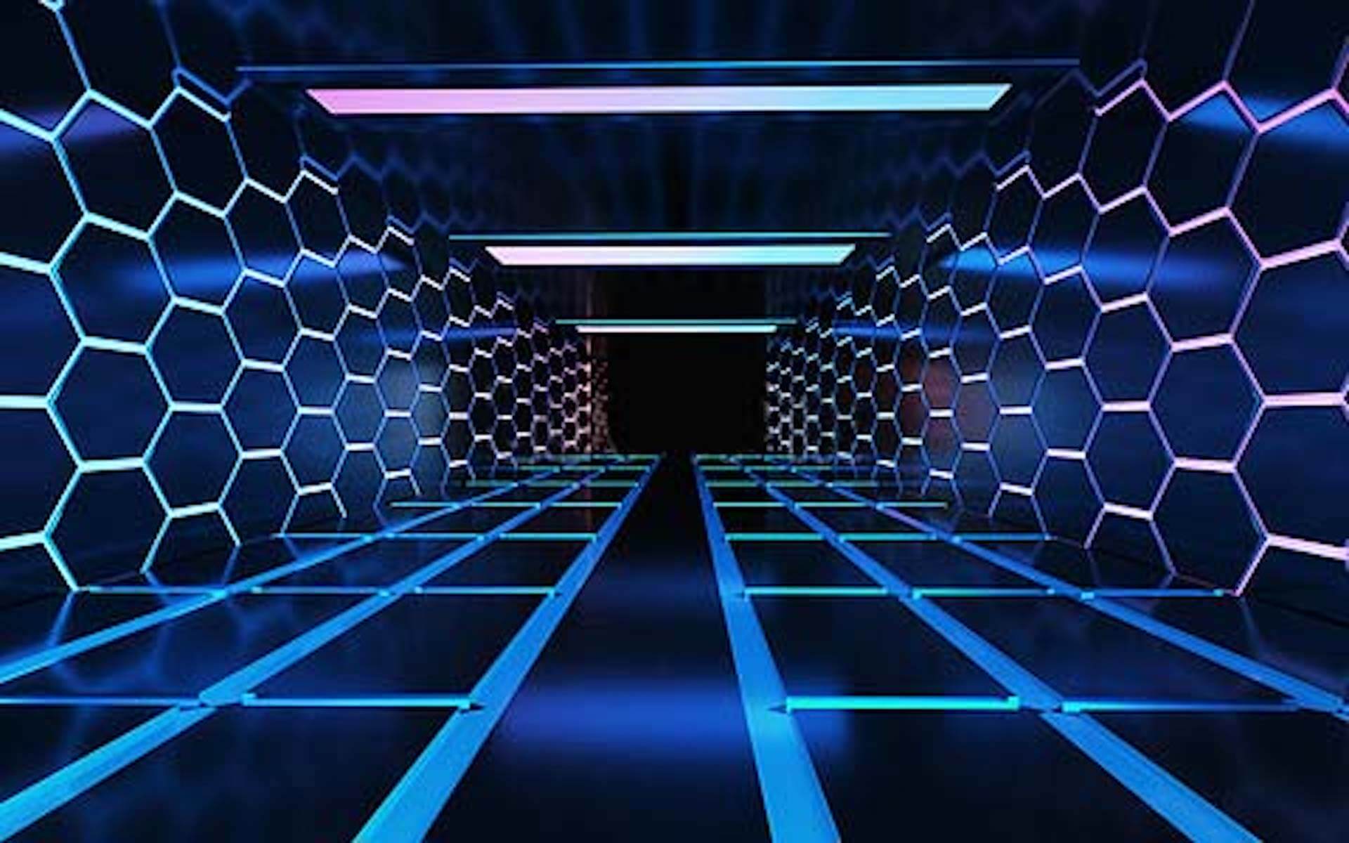 Digital 3D rendered tunnel with glowing hexagonal honeycomb walls in blue and purple neon light, futuristic and tech-themed